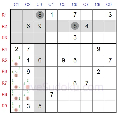 Sudoku Vergrendelde Kandidaten type 1 - Tweede Voorbeeld