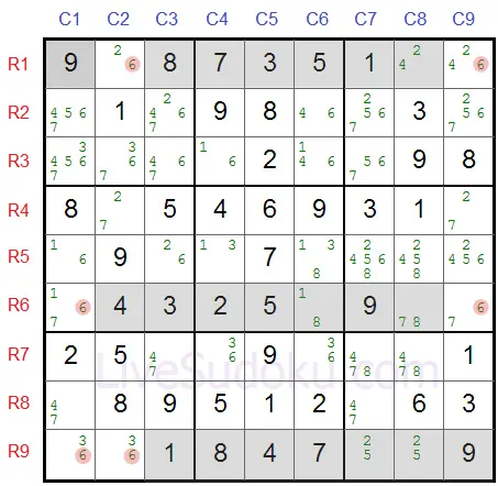 Sudoku Swordfish example with three base rows for digit 6