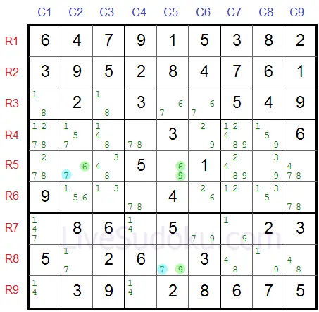 Sudoku XY-Wing pincer cells sharing candidate 7